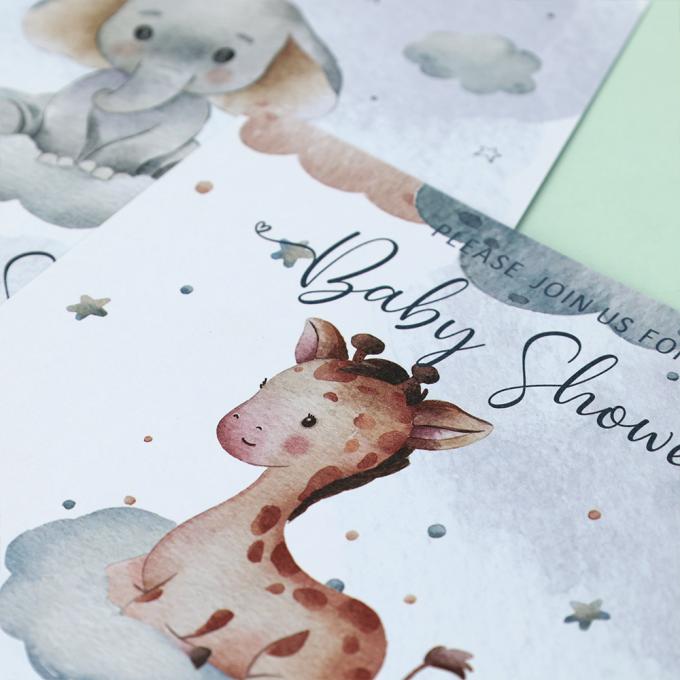 Taille personnalisée Cartoon Révéler le sexe Cartes de fête et enveloppes Invitations de baby shower 5