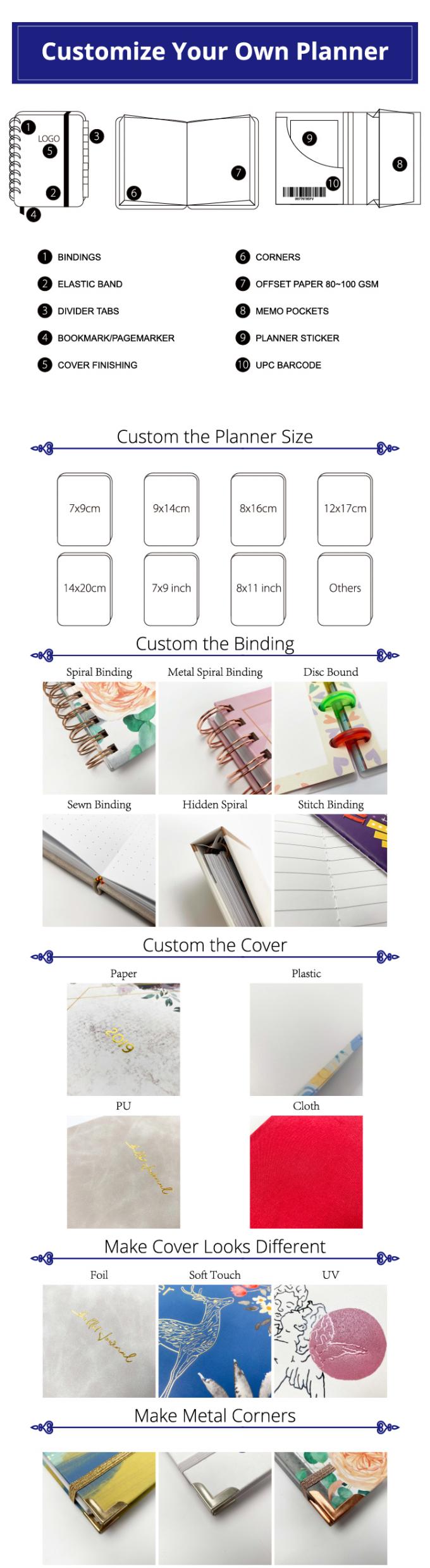 Impression offset personnalisée Softtring durable Liant Planificateurs hebdomadaires et cahiers 50 feuilles 6